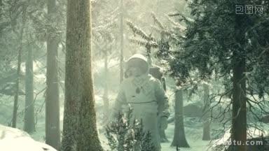 宇航员在雪中探索森林